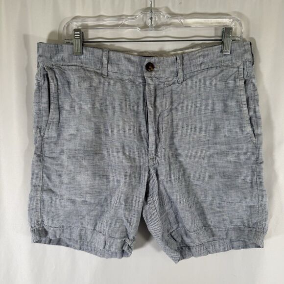J. Crew 100% Linen Shorts Men's 32 Blue White Striped Chino 7" Inseam Flat Front - Picture 1 of 9